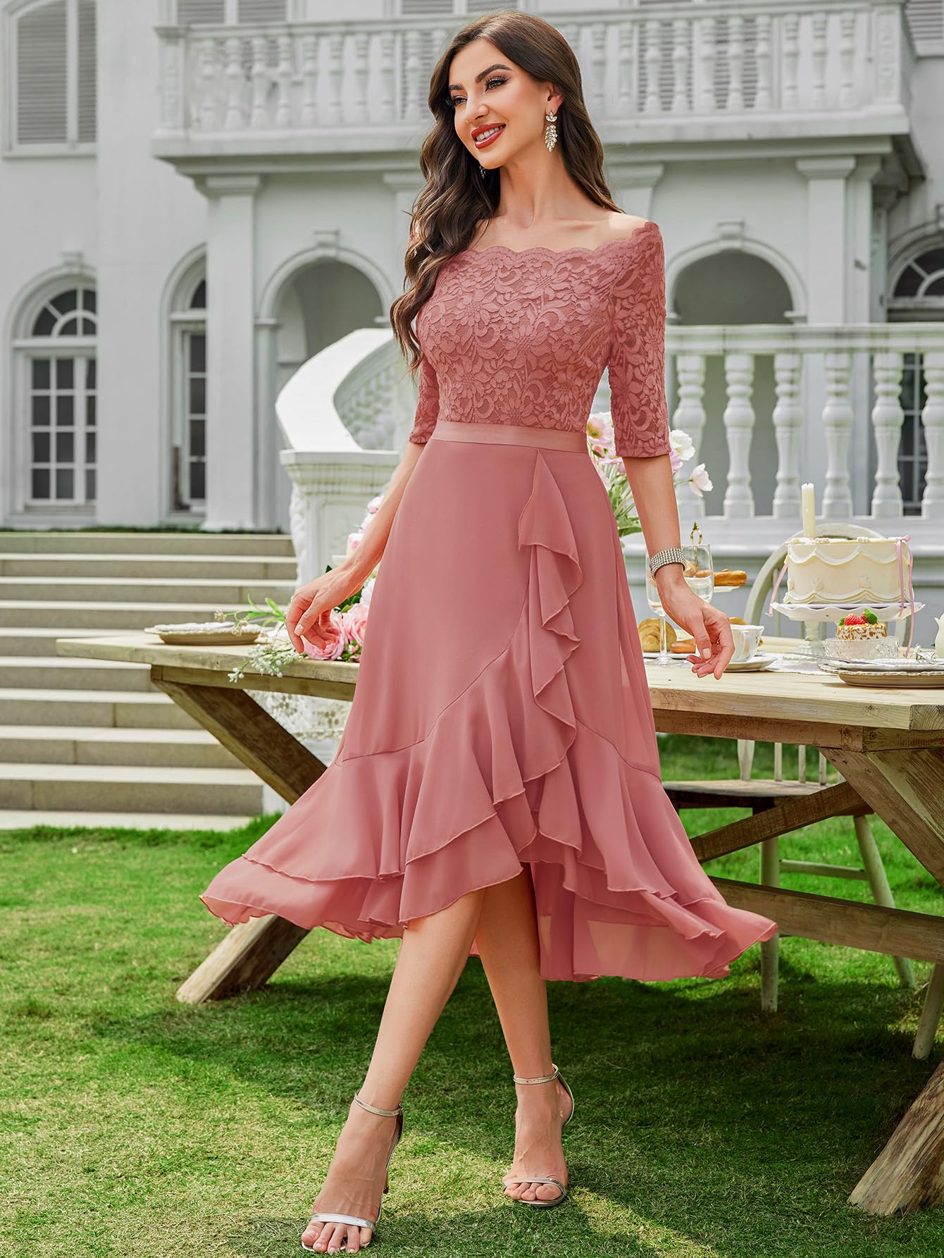 MIUSOL Women's Elegant Lace Chiffon 2/3 Sleeve Off-Shoulder Cocktail Ball Bridesmaid Patry Swing Midi Dress (X-Large, Double Hem-Dusty Pink)