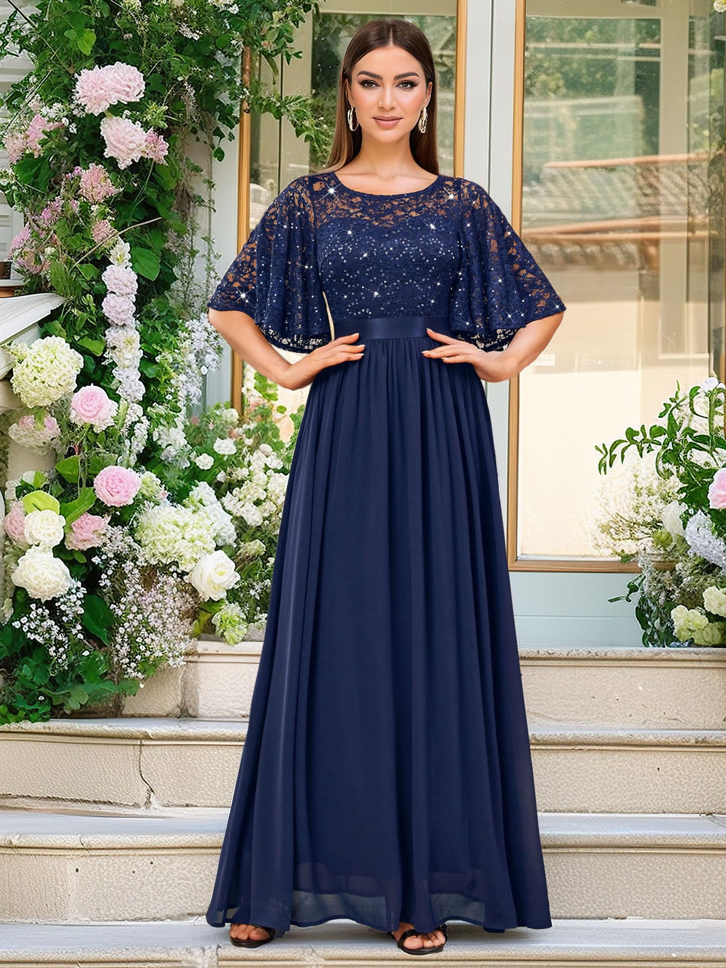 MIUSOL Women's Elegant Flutter Sleeves Lace Sequin Prom Bridesmaids Party Gown Formal Maxi Dress (X-Large, Navy Blue)