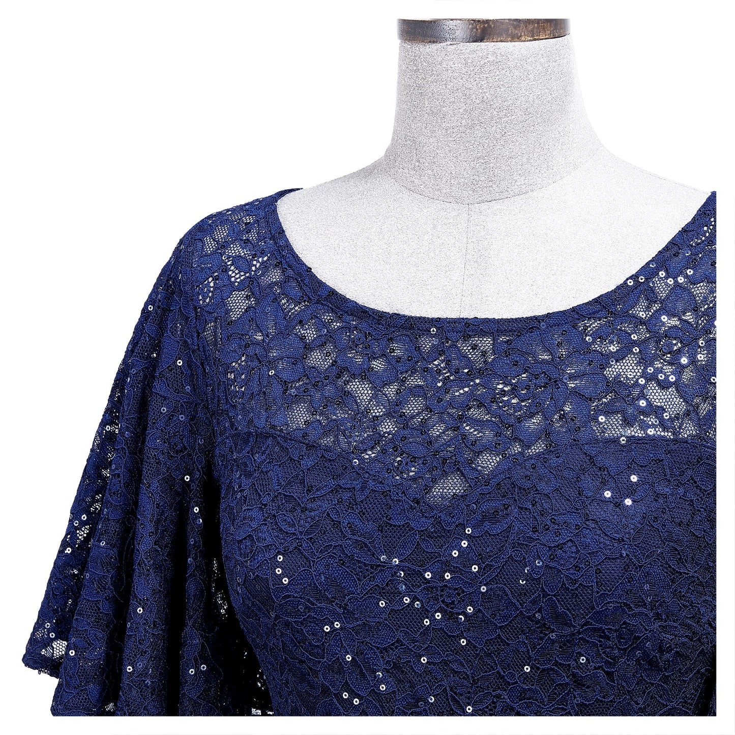 MIUSOL Women's Elegant Flutter Sleeves Lace Sequin Prom Bridesmaids Party Gown Formal Maxi Dress (X-Large, Navy Blue)