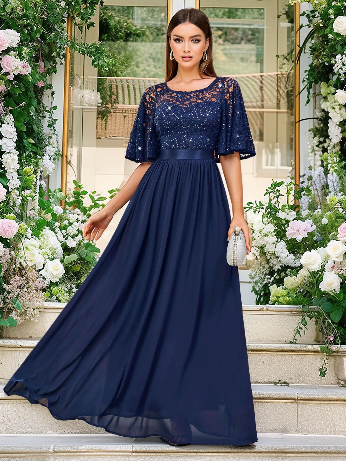MIUSOL Women's Elegant Flutter Sleeves Lace Sequin Prom Bridesmaids Party Gown Formal Maxi Dress (X-Large, Navy Blue)